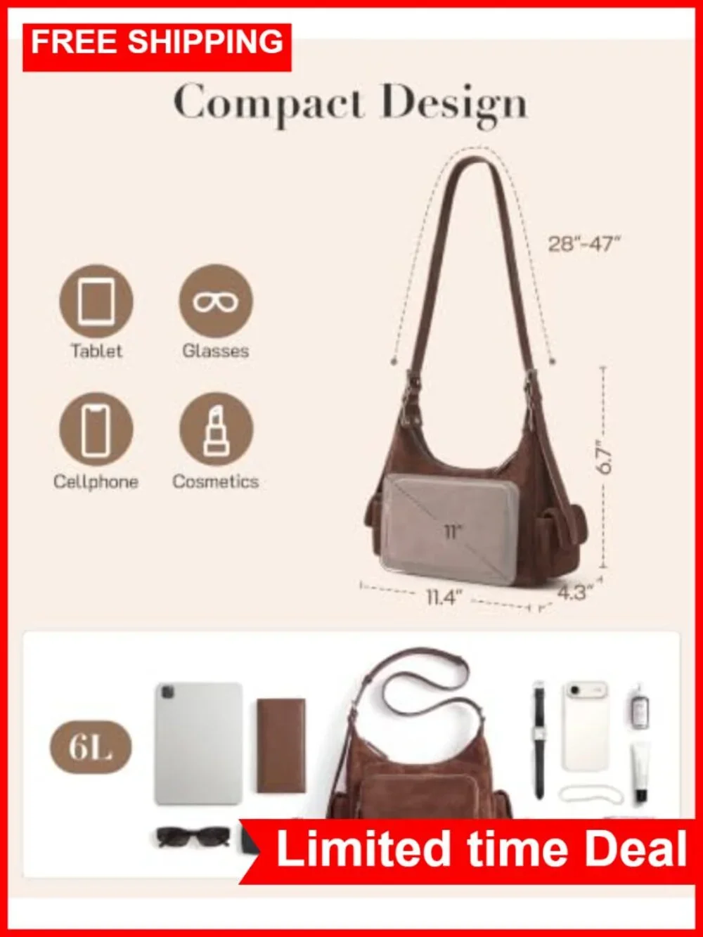 Faux Suede Hobo Bag for Women, Travel Purse Shoulder Handbag